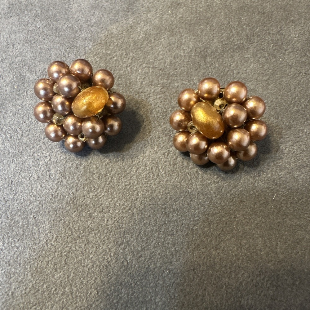 Brown Cluster Clip-on‎ Earrings Marked Japan